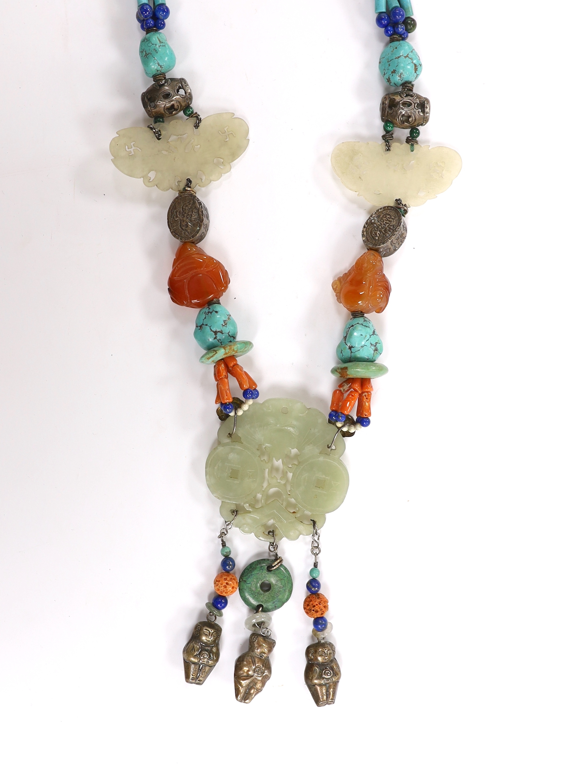A Chinese jade and hardstone mounted necklace, in Kai Yin Lo style, including turquoise, coral and jade, 46cm long
